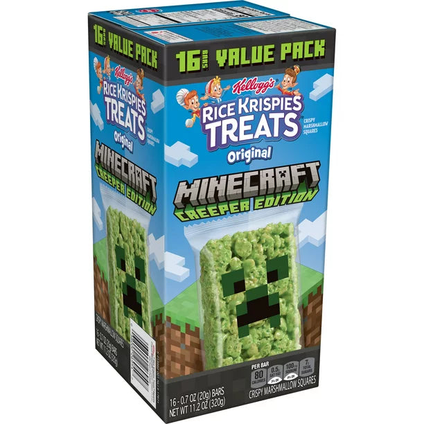 Kellogg's Rice Krispies Treats Minecraft Creeper Edition Marshmallow Snack Bars, Original, Caja con 16 paquetes, 11.2 Oz