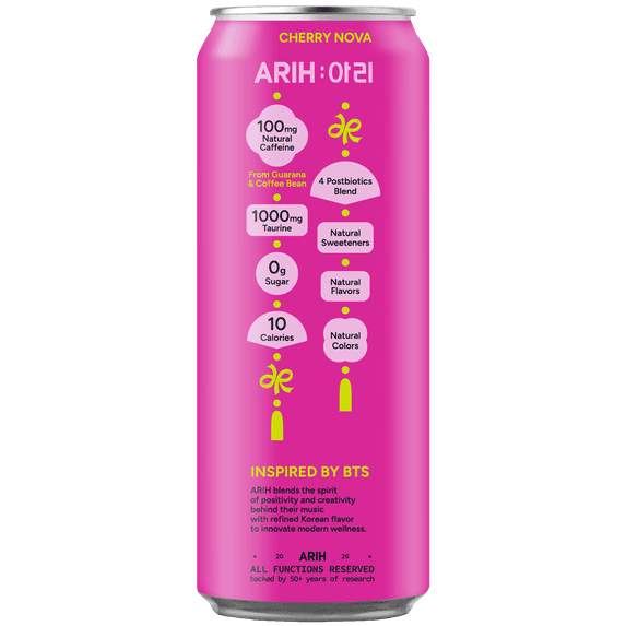 ARIH Bebida Energética Postbiótica, Bebida Energética Limpia sin Azúcar con 100 Mg de Cafeína Natural, 12 fl oz, Paquete de 4