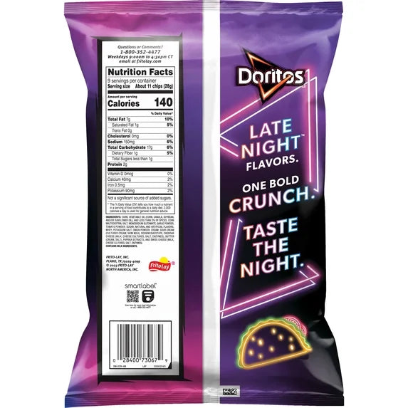 Doritos Chips de Tortilla Late Night Taco Cargado, Bolsa de 9 oz