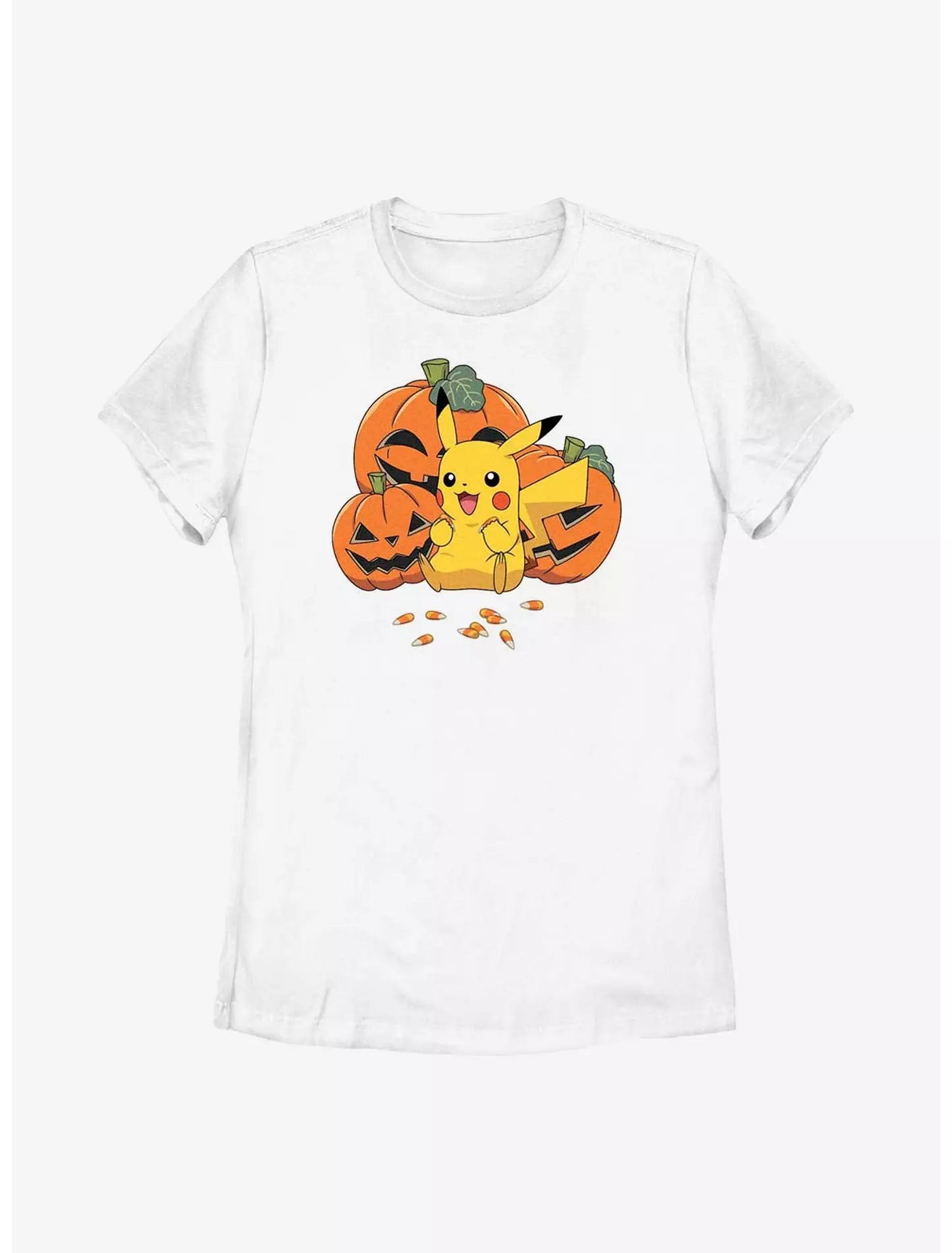 Playera para mujer Pokémon Pikachu con calabazas y caramelos