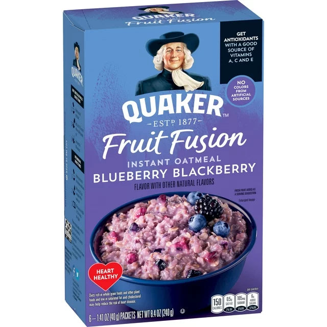 Quaker Instant Oatmeal, Fruit Fusion Blueberry Blackberry, Quick Cook Ready-to-Microwave Oatmeal, 8.4 oz, 6 Packets