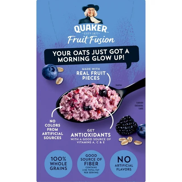 Quaker Instant Oatmeal, Fruit Fusion Blueberry Blackberry, Quick Cook Ready-to-Microwave Oatmeal, 8.4 oz, 6 Packets
