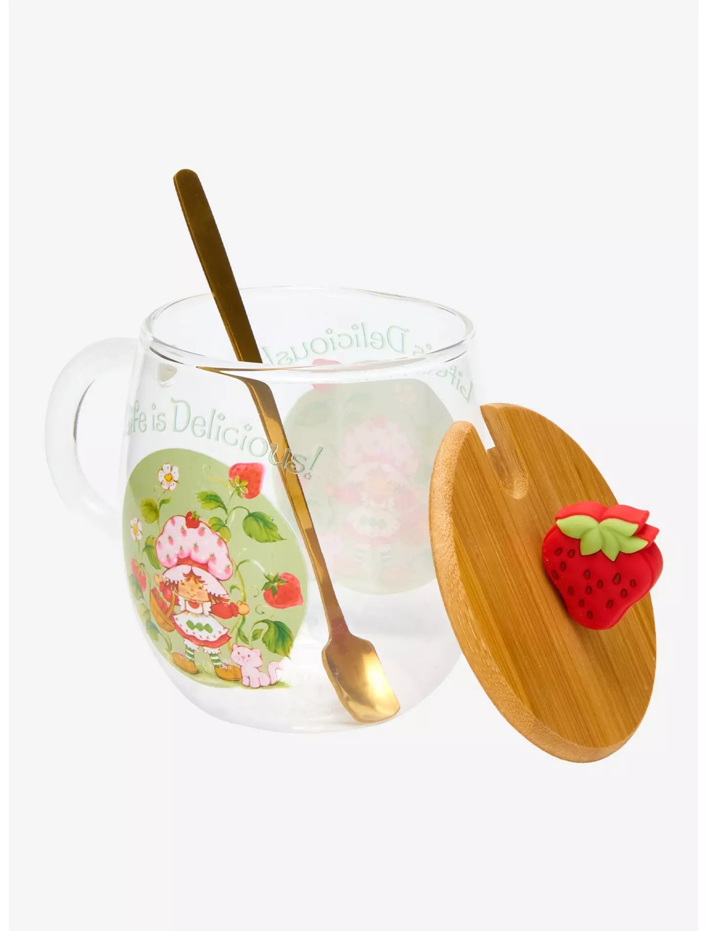 Taza de vidrio Strawberry Shortcake con tapa y cuchara