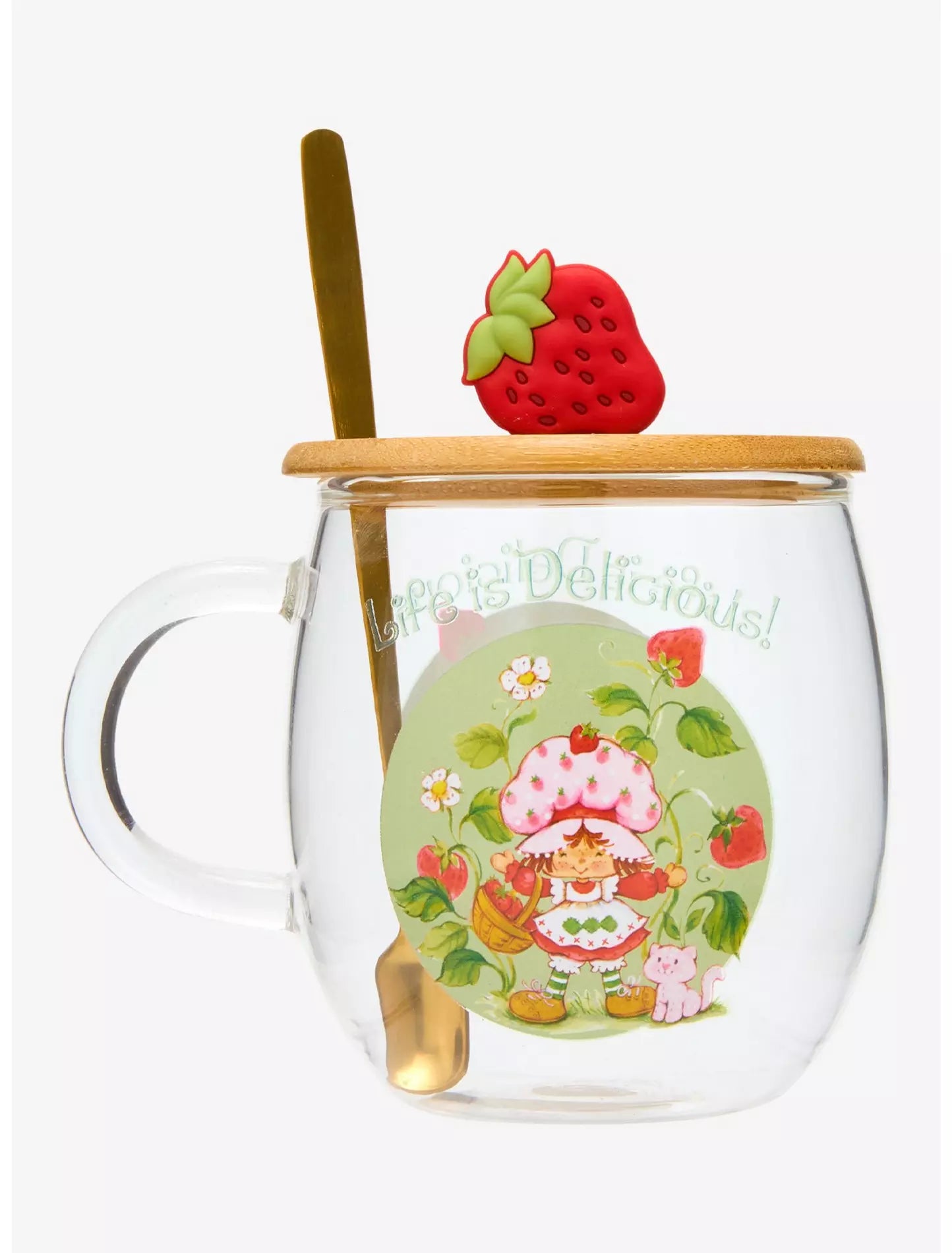 Taza de vidrio Strawberry Shortcake con tapa y cuchara