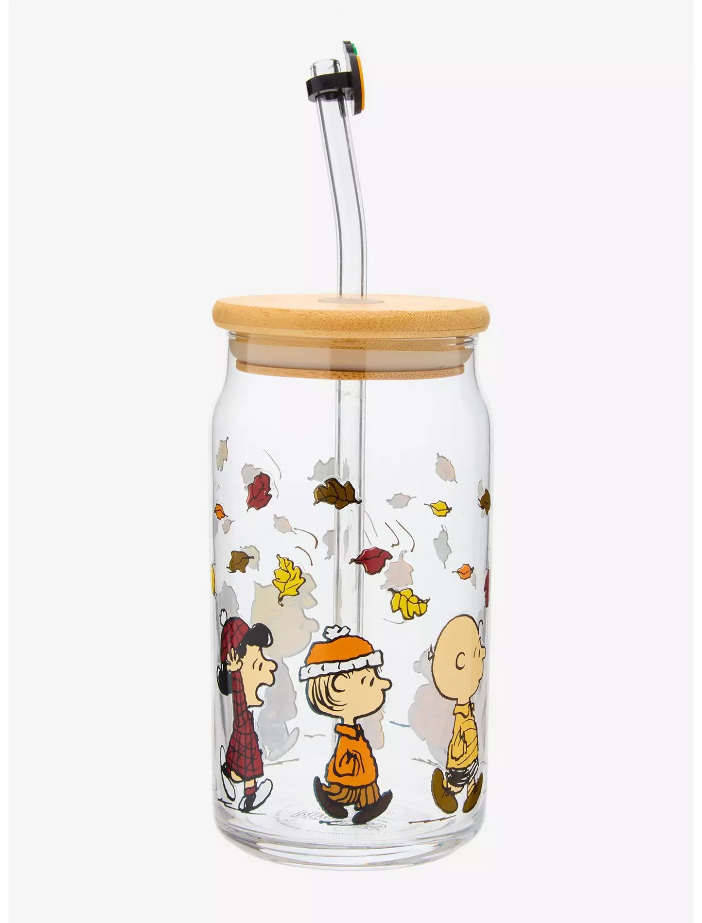 Vaso de vidrio Peanuts Gang con hojas de otoño, popote y charm Snoopy Charlie Brown