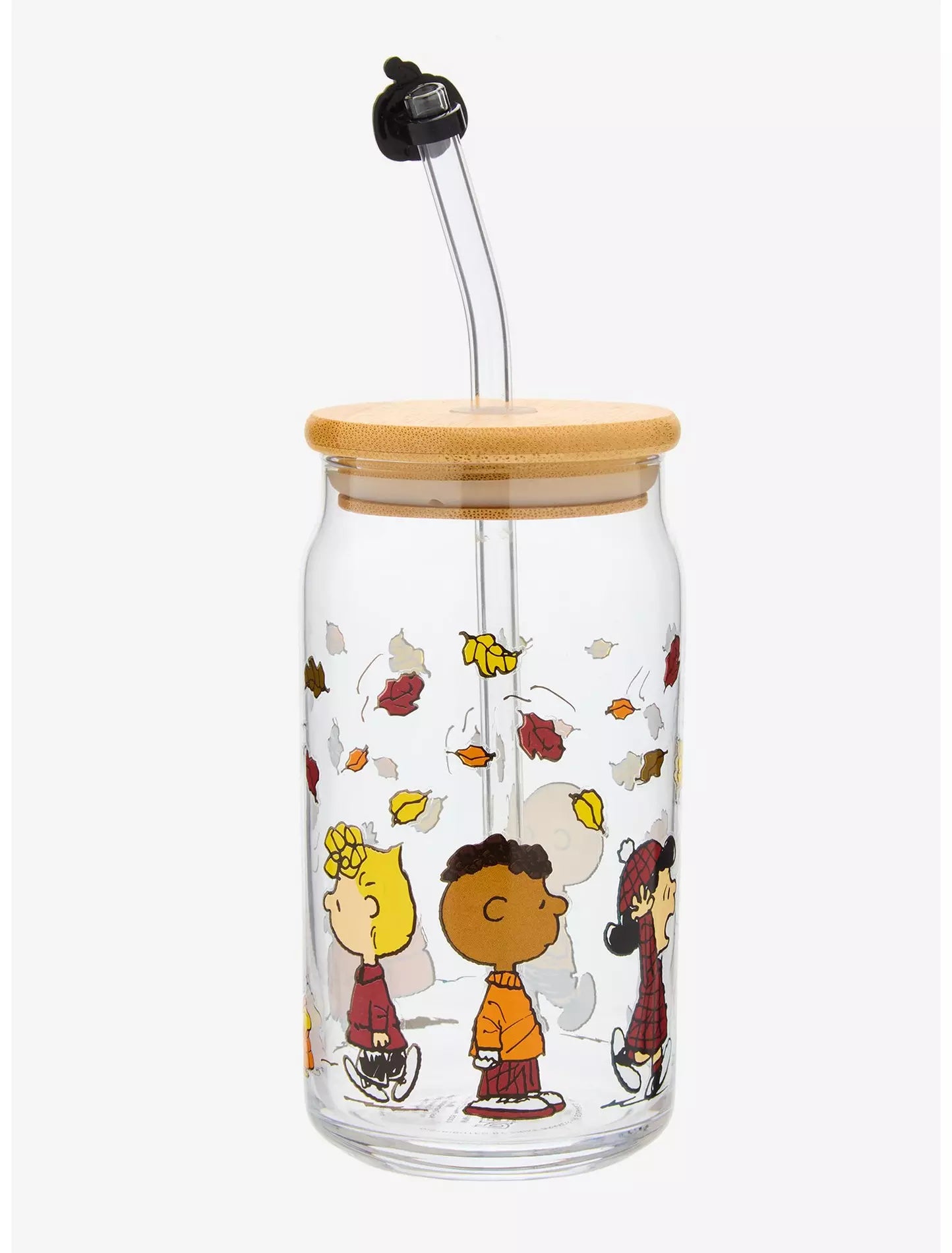 Vaso de vidrio Peanuts Gang con hojas de otoño, popote y charm Snoopy Charlie Brown