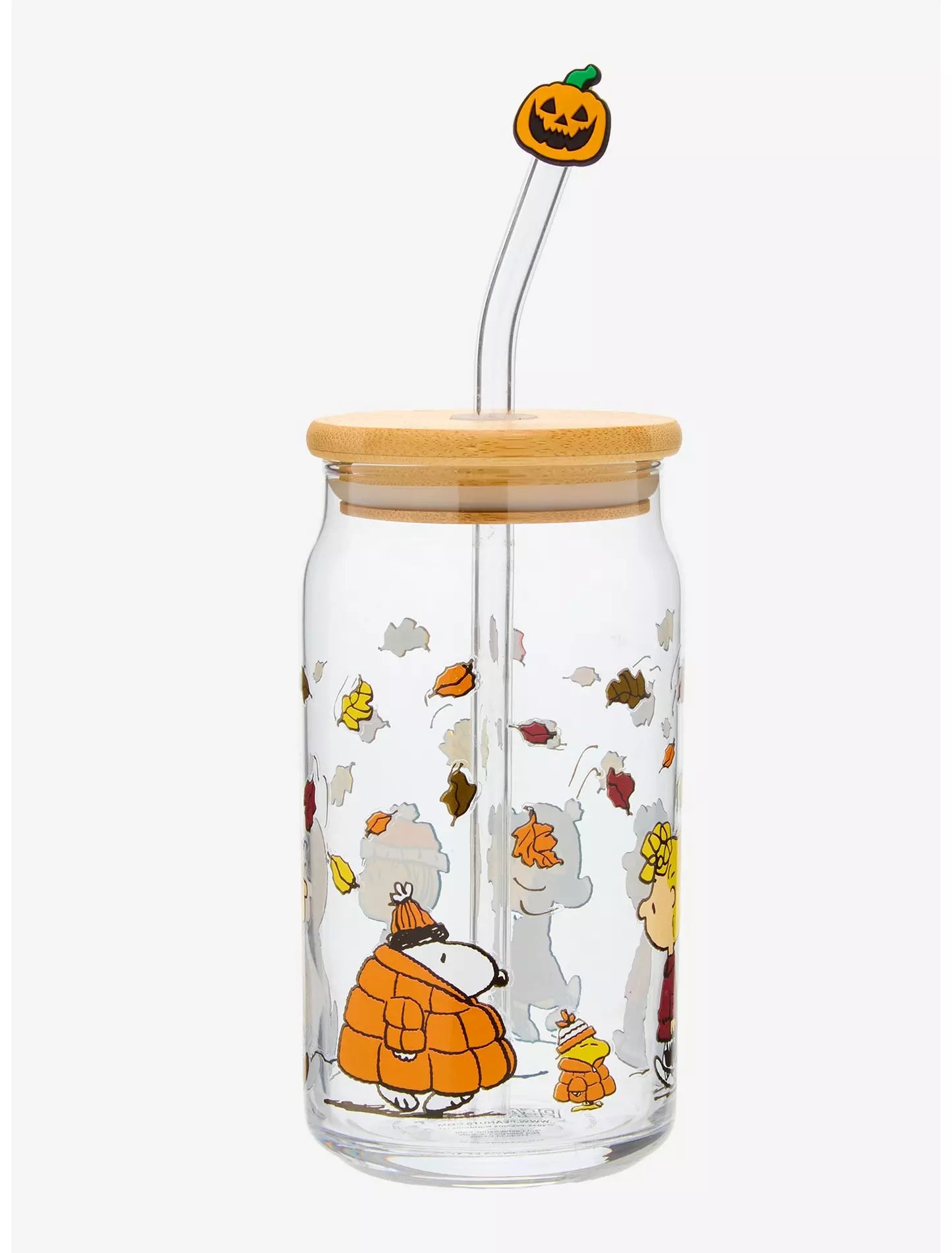 Vaso de vidrio Peanuts Gang con hojas de otoño, popote y charm Snoopy Charlie Brown