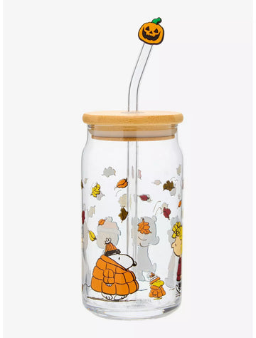 Vaso de vidrio Peanuts Gang con hojas de otoño, popote y charm Snoopy Charlie Brown