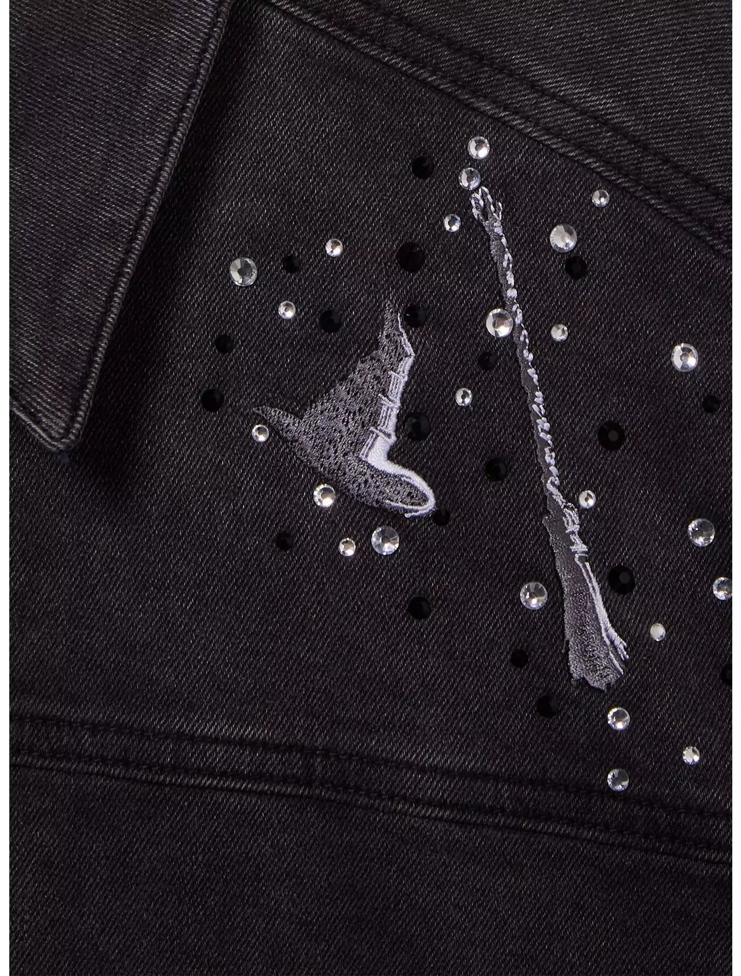 Chaqueta de mezclilla negra con pedrería Wicked Elphaba Icons para mujer