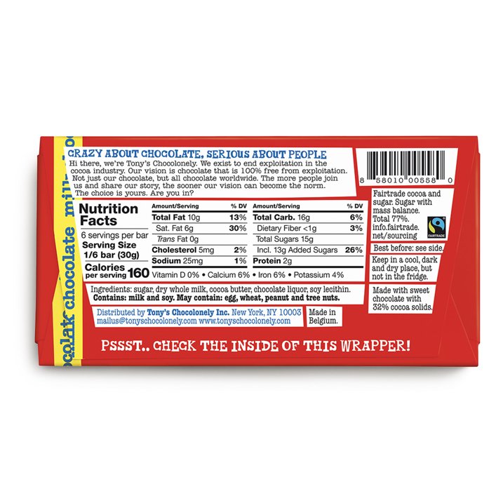 Tony's Chocolonely 32% Milk Chocolate Bar