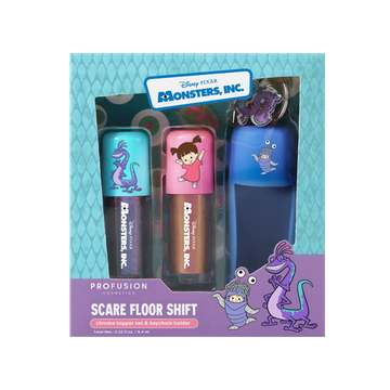 Dúo de *toppers* con acabado cromado Profusion Cosmetics Monsters Inc. (Boo + Randall) y llavero