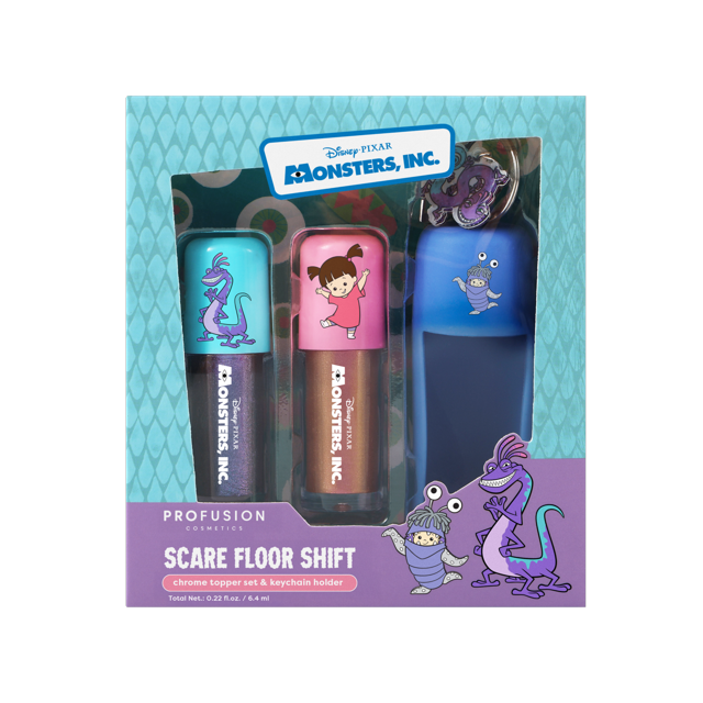 Dúo de *toppers* con acabado cromado Profusion Cosmetics Monsters Inc. (Boo + Randall) y llavero