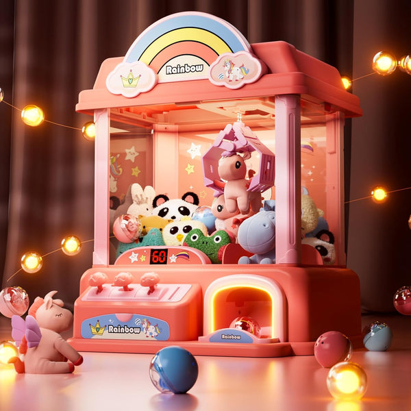 Mini Máquina De Garra Para Niños – Juguete Arcade Con 10 Muñecas, 20 Monedas Y 10 Gachas, Luces Y Sonidos, Alimentación USB O Pilas, Rosa