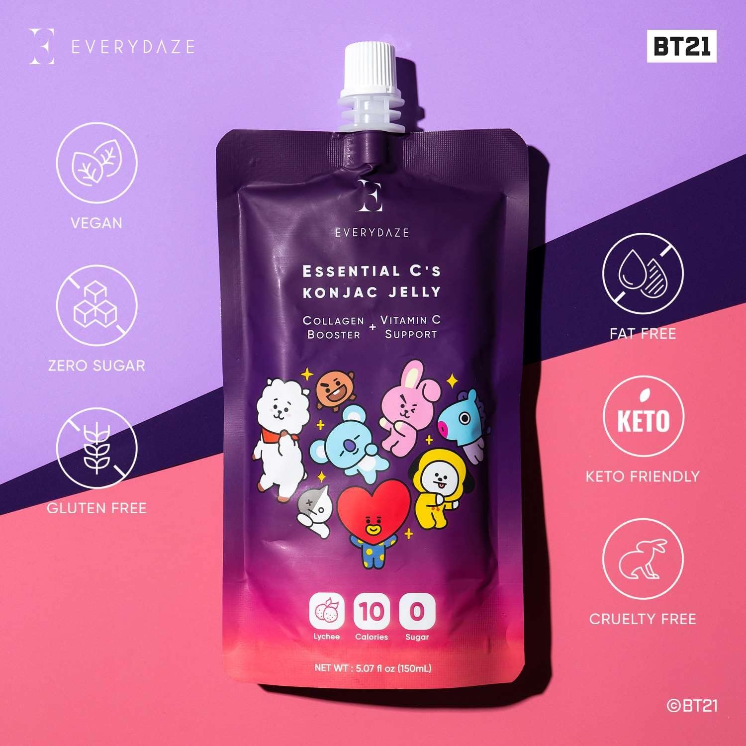 EVERYDAZE BT21 Essential C Colágeno + Vitamina C Konjac Jelly | Vegana, 10 calorías, 0 azúcar | Lichi | 10 paquetes | Bolsa de dieta saludable Bebida potable, control de peso