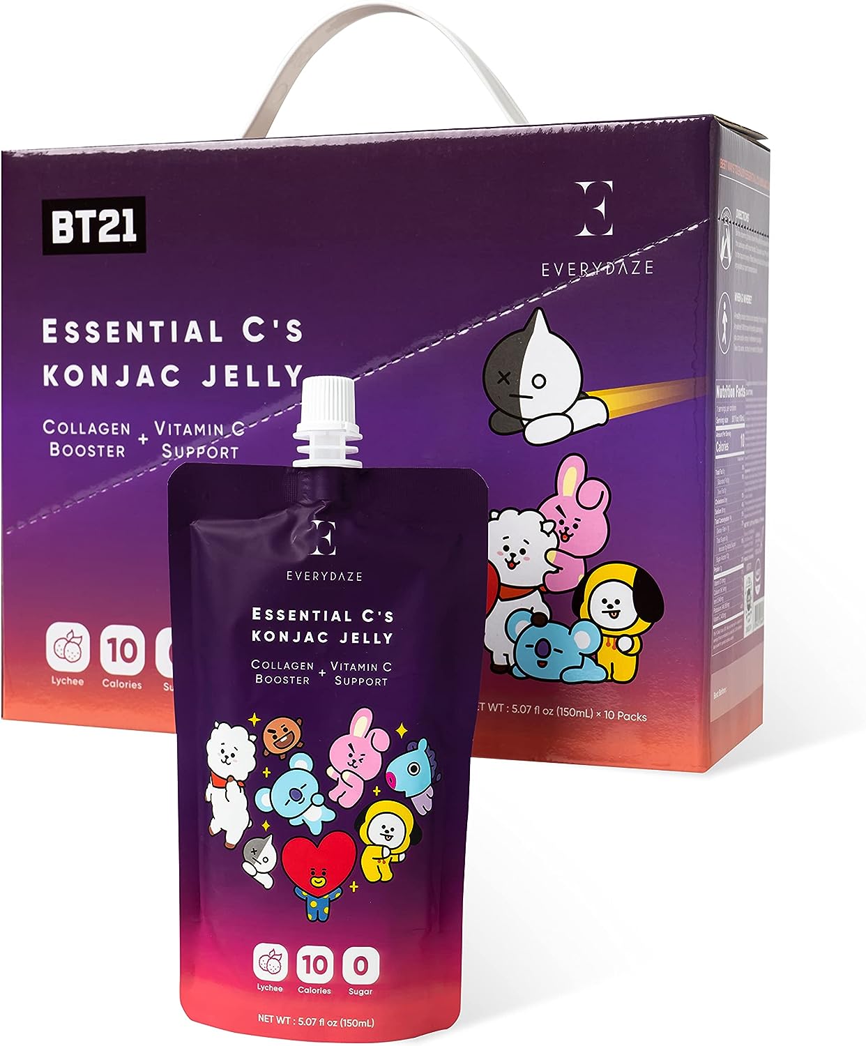 EVERYDAZE BT21 Essential C Colágeno + Vitamina C Konjac Jelly | Vegana, 10 calorías, 0 azúcar | Lichi | 10 paquetes | Bolsa de dieta saludable Bebida potable, control de peso