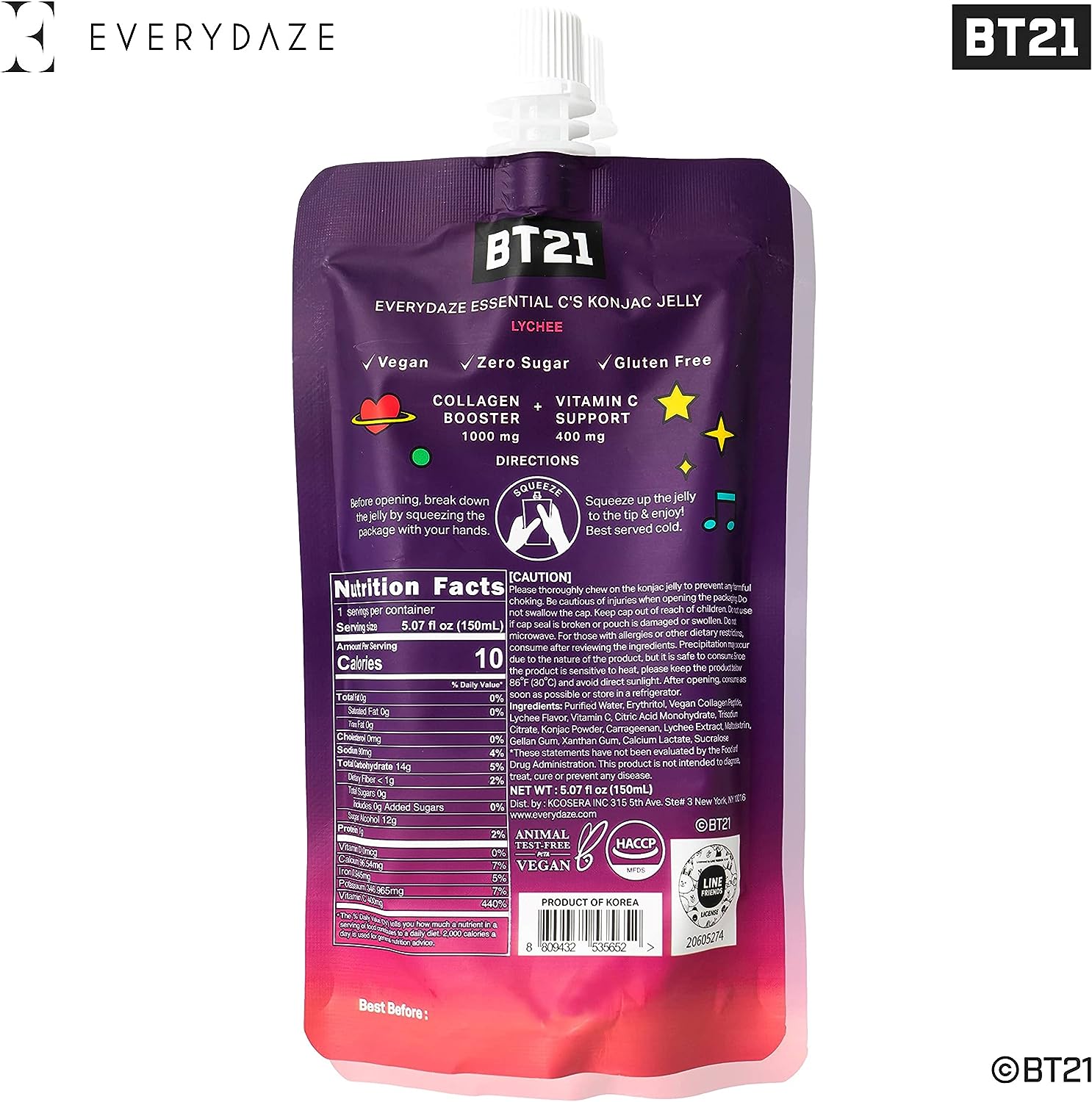 EVERYDAZE BT21 Essential C Colágeno + Vitamina C Konjac Jelly | Vegana, 10 calorías, 0 azúcar | Lichi | 10 paquetes | Bolsa de dieta saludable Bebida potable, control de peso