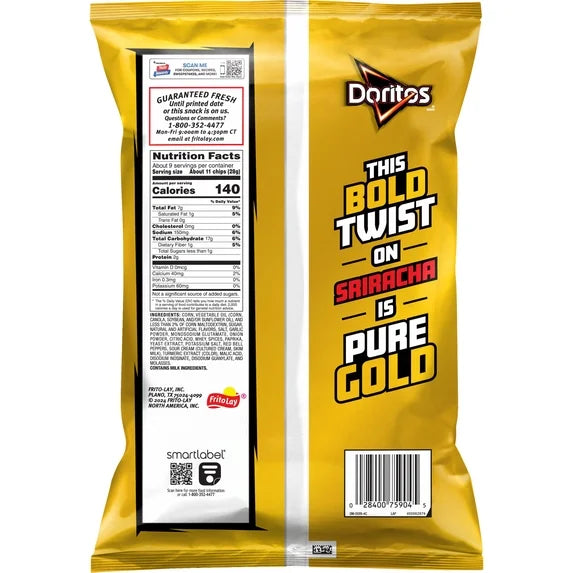 Doritos Chips de Tortilla Sriracha Dorada Ácidas y Dulces, Bolsa de 9.25 Onzas