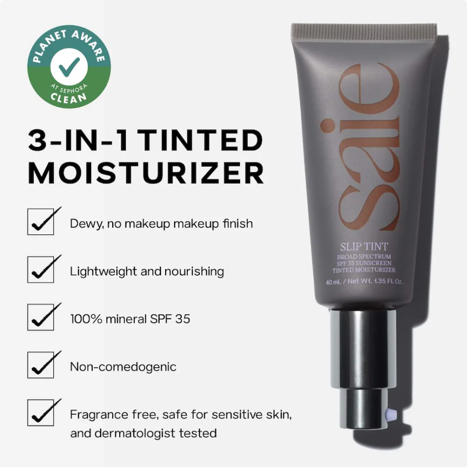 Saie Slip Tint – Hidratante con color ligero con Zinc Mineral SPF 35 y Ácido Hialurónico