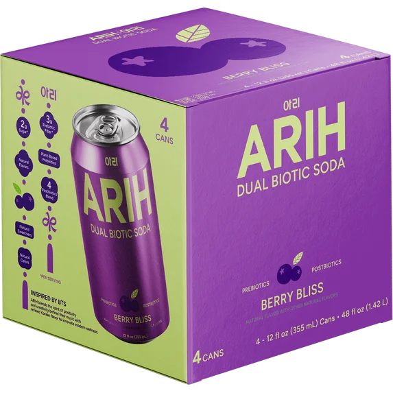 ARIH Refresco Biótico Dual, Refresco Funcional Prebiótico y Postbiótico, Bajo en Azúcar, 12 fl oz, Paquete de 4