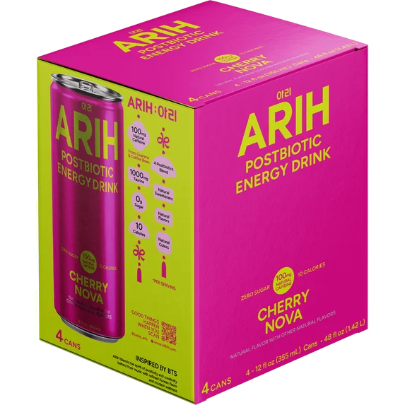 ARIH Bebida Energética Postbiótica, Bebida Energética Limpia sin Azúcar con 100 Mg de Cafeína Natural, 12 fl oz, Paquete de 4