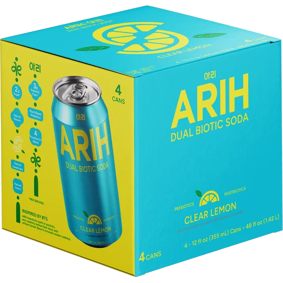 ARIH Refresco Biótico Dual, Refresco Funcional Prebiótico y Postbiótico, Bajo en Azúcar, 12 fl oz, Paquete de 4