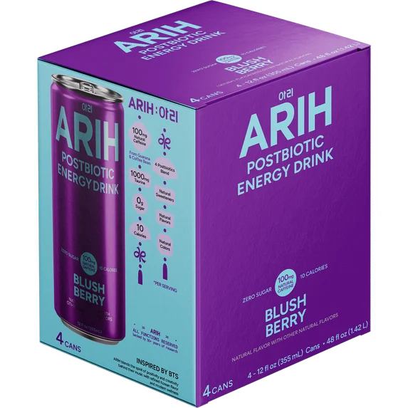 ARIH Bebida Energética Postbiótica, Bebida Energética Limpia sin Azúcar con 100 Mg de Cafeína Natural, 12 fl oz, Paquete de 4
