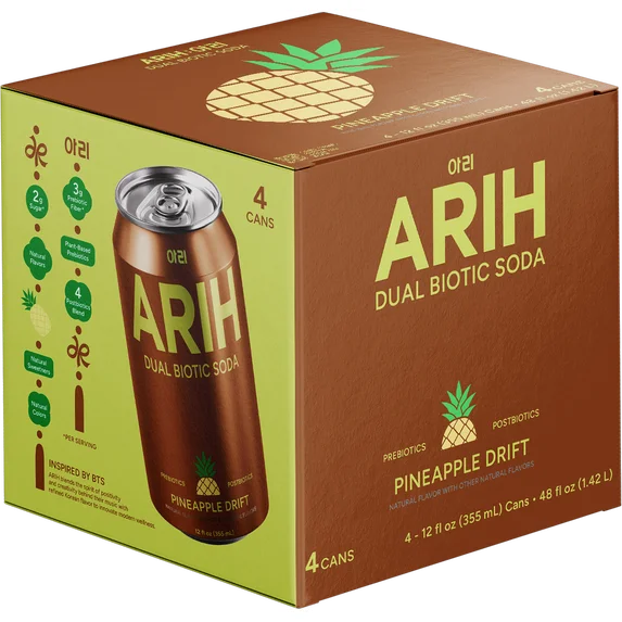 ARIH Refresco Biótico Dual, Refresco Funcional Prebiótico y Postbiótico, Bajo en Azúcar, 12 fl oz, Paquete de 4
