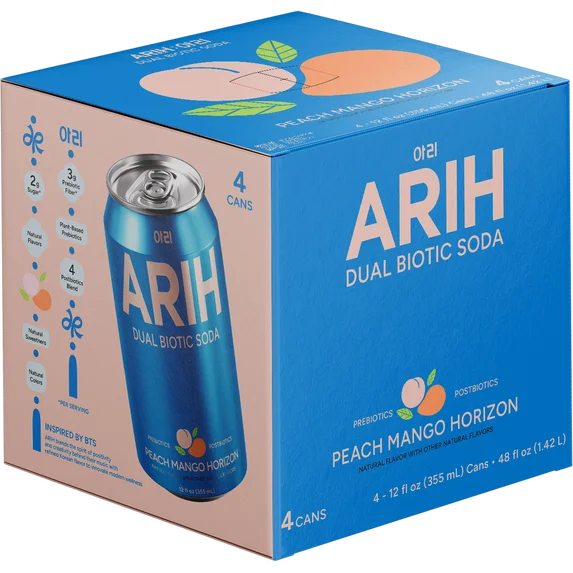 ARIH Refresco Biótico Dual, Refresco Funcional Prebiótico y Postbiótico, Bajo en Azúcar, 12 fl oz, Paquete de 4