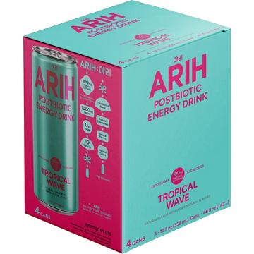 ARIH Bebida Energética Postbiótica, Bebida Energética Limpia sin Azúcar con 100 Mg de Cafeína Natural, 12 fl oz, Paquete de 4