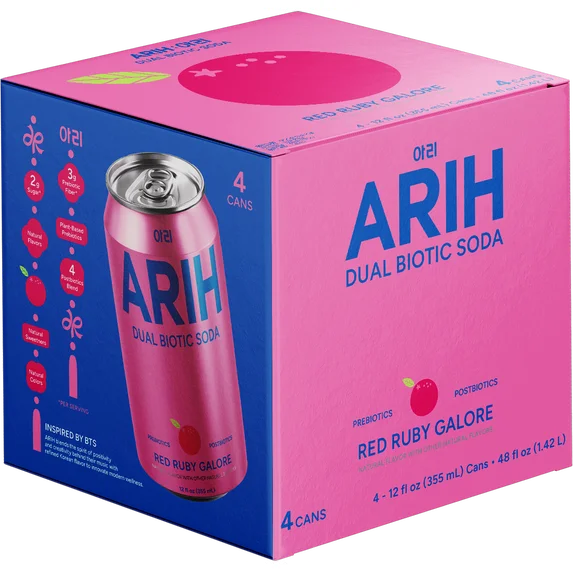 ARIH Refresco Biótico Dual, Refresco Funcional Prebiótico y Postbiótico, Bajo en Azúcar, 12 fl oz, Paquete de 4