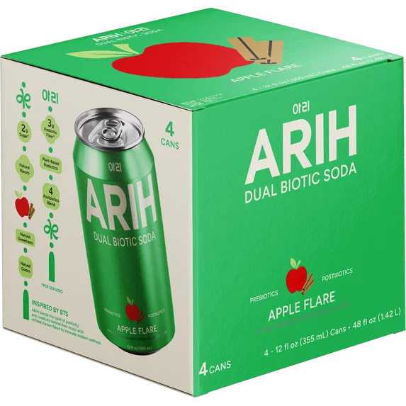 ARIH Refresco Biótico Dual, Refresco Funcional Prebiótico y Postbiótico, Bajo en Azúcar, 12 fl oz, Paquete de 4