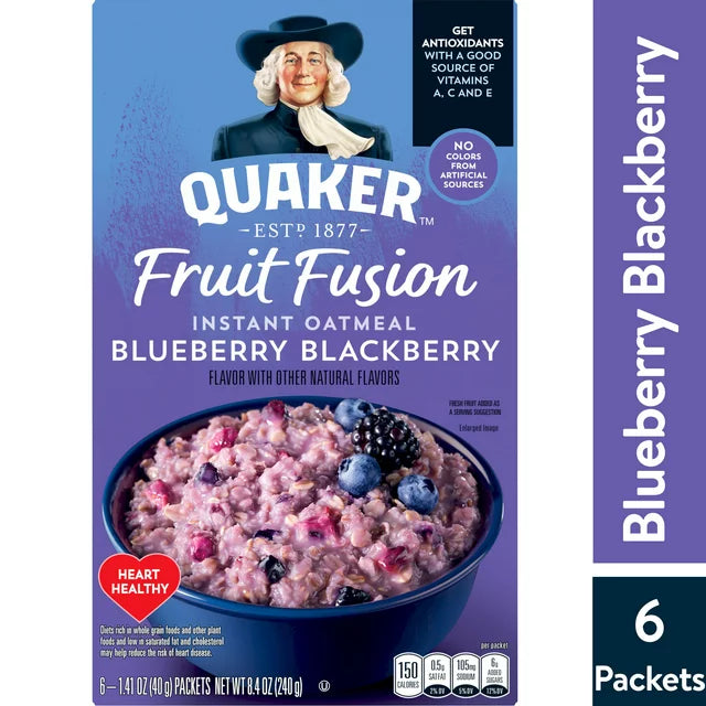Quaker Instant Oatmeal, Fruit Fusion Blueberry Blackberry, Quick Cook Ready-to-Microwave Oatmeal, 8.4 oz, 6 Packets