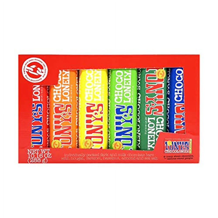 Tony's Chocolonely Chocolate Bar Pack - Milk & Dark Chocolate Bars, Individually Packed, w/ Nougat, Caramel, Hazelnut, Almond & Sea Salt, Chocolate Candy Bars, Chocolate Candy Variety Pack - 6 Bars