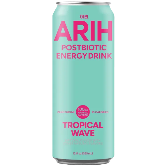 ARIH Bebida Energética Postbiótica, Bebida Energética Limpia sin Azúcar con 100 Mg de Cafeína Natural, 12 fl oz, Paquete de 4