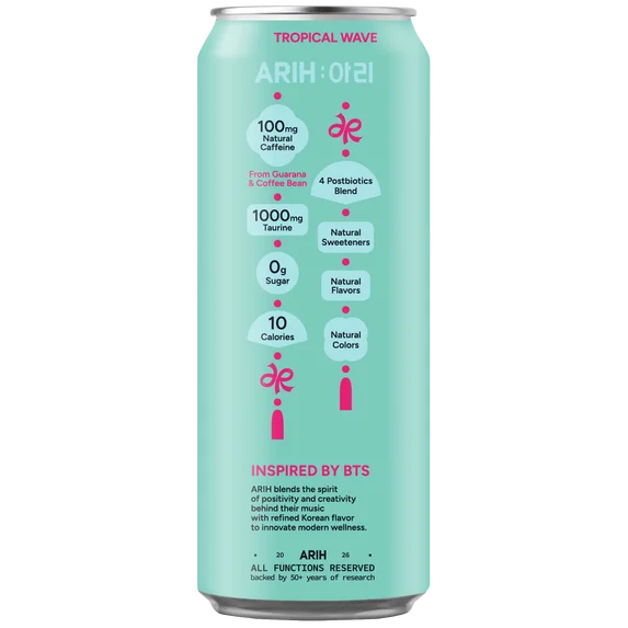 ARIH Bebida Energética Postbiótica, Bebida Energética Limpia sin Azúcar con 100 Mg de Cafeína Natural, 12 fl oz, Paquete de 4