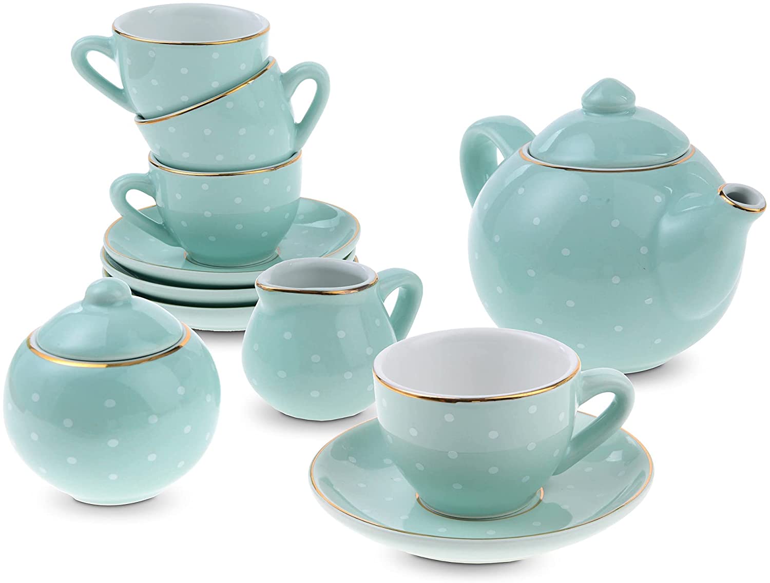 Juego De Te Puntos Azules Porcelana Tetera