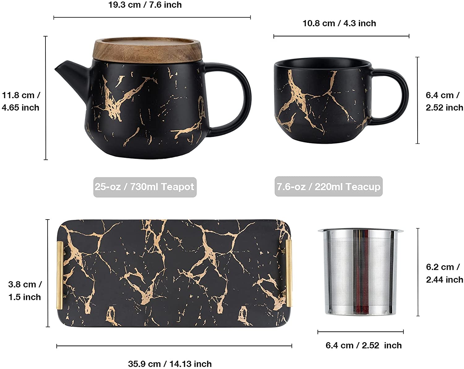 Juego De Te Negro Marmoleado