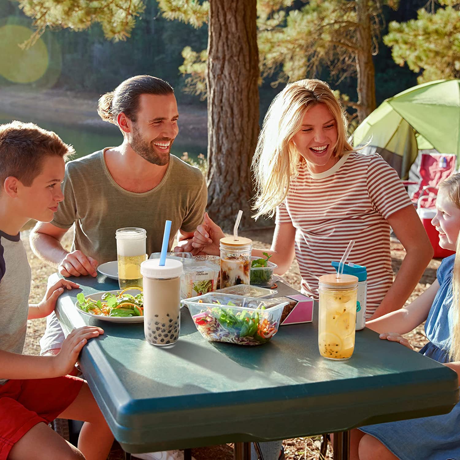 Juego De 4 Vasos Vidrio Termo Con Popote Set