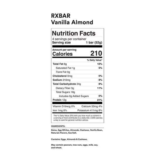 RXBAR Protein Bar, Vanilla Almond, 4 Ct, 7.32 Oz, Caja
