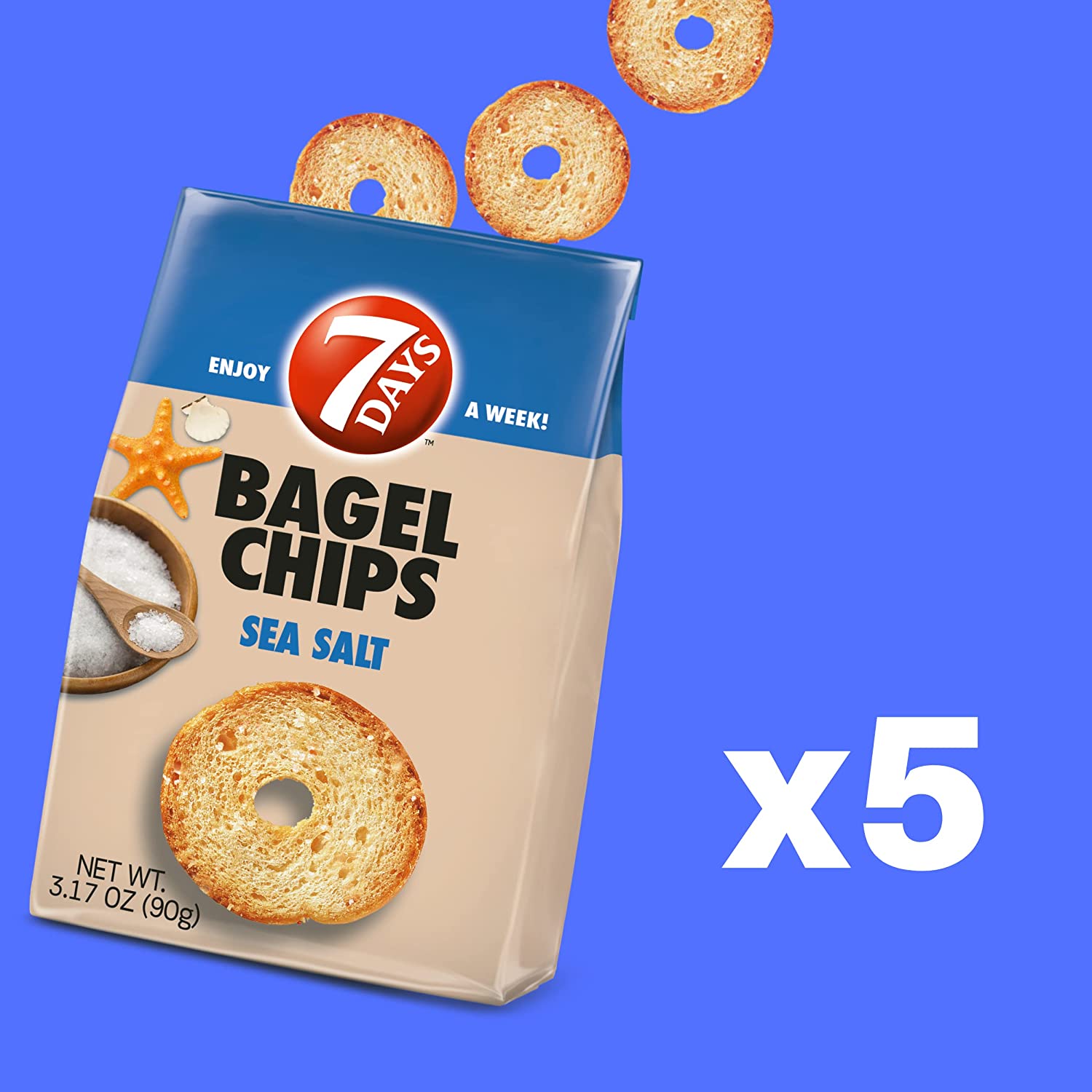 7Days Bagel Chips, Sea Salt, Gourmet Crackers, (3.17oz, Paquete de 5)