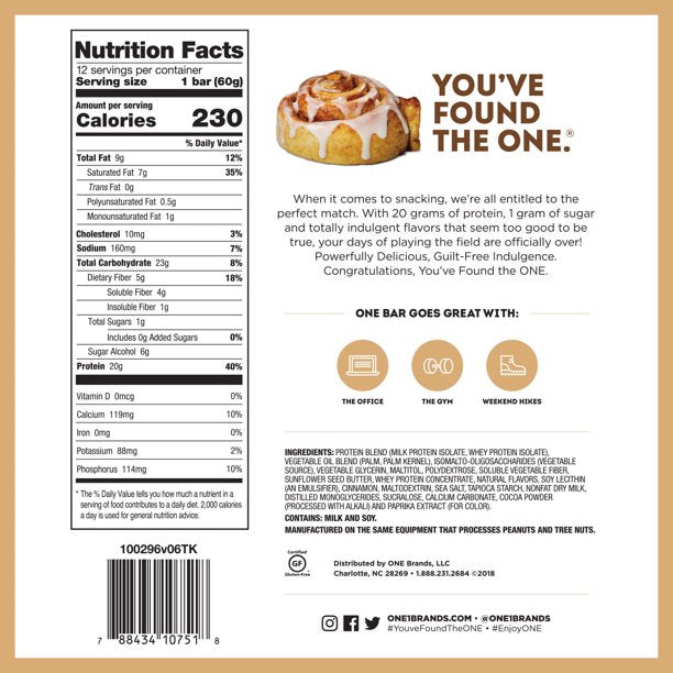ONE Protein Supplement Bar, Cinnamon Roll, 20g Protein, Contenido de 4