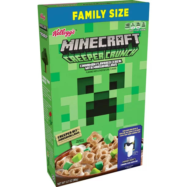 Kellogg's Minecraft Creeper Crunch Breakfast Cereal, Canela con Malvaviscos, 12.7 Oz, Box