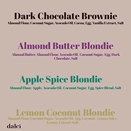 Dalci Brownie, Paquete Variado (Dark Chocolate Brownie, Almon Butter Blondie, Apple Spice Blondie, Lemon Coconut Blondie)
