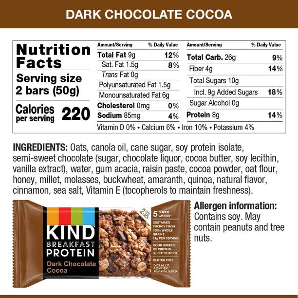KIND Breakfast Protein Bars, Dark Chocolate Cocoa, Gluten Free, 1.76oz, 4 Protein Bars