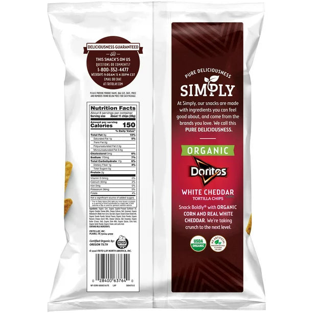 Simply Doritos Organic White Cheddar Tortilla Chips, Bolsa de 7.5 oz