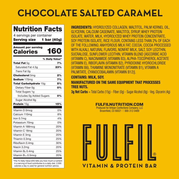 FULFIL Vitamin & Protein Bar, Chocolate Peanut Caramel, Paquete de 4