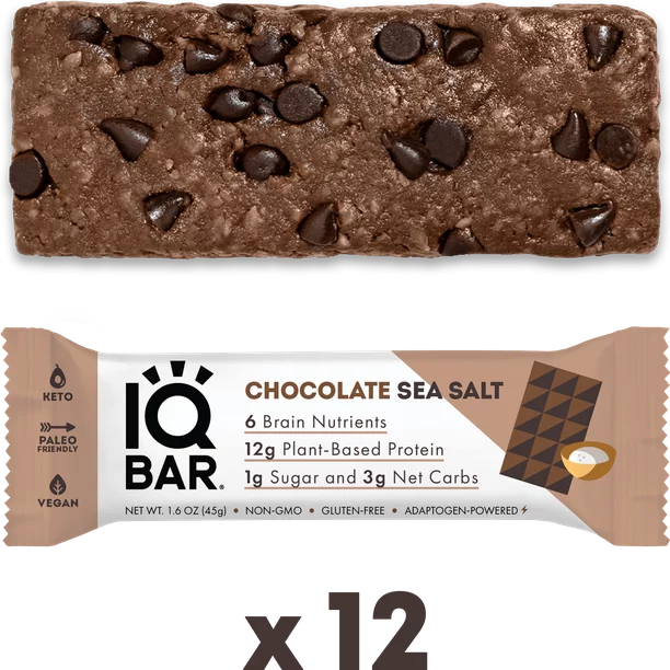 IQBAR Brain and Body Keto Protein Bars - Chocolate Sea Salt Keto Bars - 12 Count Energy Bars