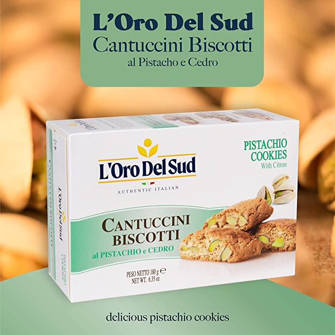 Biscotti de pistacho y cedro, Cantuccini d'Abruzzo, galletas italianas, 180 G, 6.3 onzas, L'Oro del Sud. Galletas gourmet