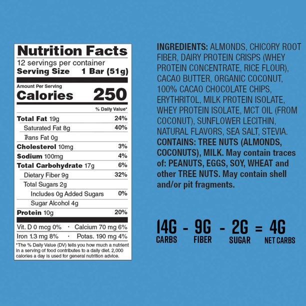 CanDo Keto Krisp Protein-Rich Snack Bars, Almond Butter Chocolate Chip, Paquete de 4