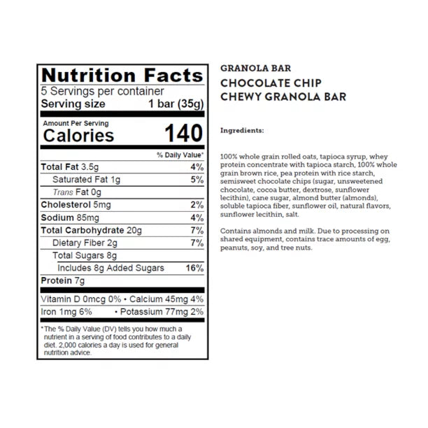 Kodiak Cakes Chewy Granola Bars, Chocolate Chip Chewy Bars, 7g de Proteina, 5 Barras, 1.23 oz.